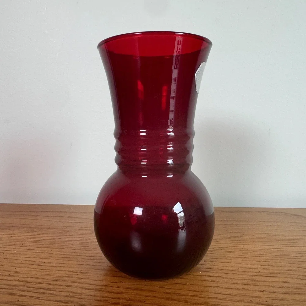 Anchor Hocking Royal Ruby Red Glass Vase Ringed Neck‎ Vintage MCM